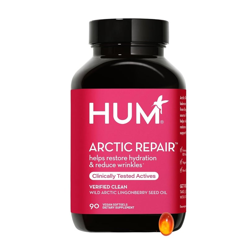 مكمل HUM Arctic Repair Clear Skin مع أوميغا 3 وفيتامين E وA وزيت بذور التوت البري لإصلاح البشرة مع أوميغا 3 6 9 لدعم مظهر التجاعيد وترطيب 90 كبسولة نباتية لينة